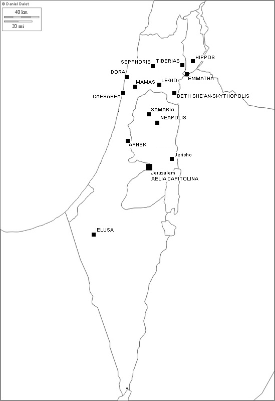 Israel/Pal&auml;stina, Karte der antiken Theaterst&auml;tten (Karte D. Dalet; Bearbeitung R. Gogr&auml;fe)