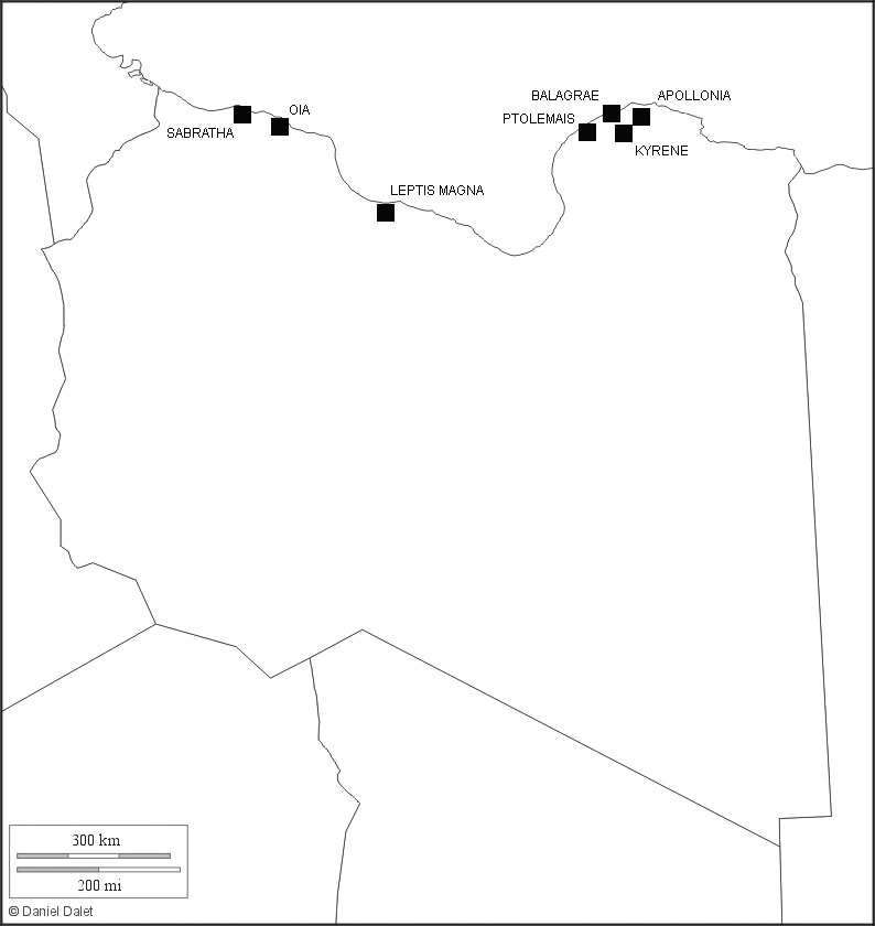 Libyen, Karte der antiken Theaterstätten (Karte D. Dalet; Bearbeitung R. Gogräfe) 