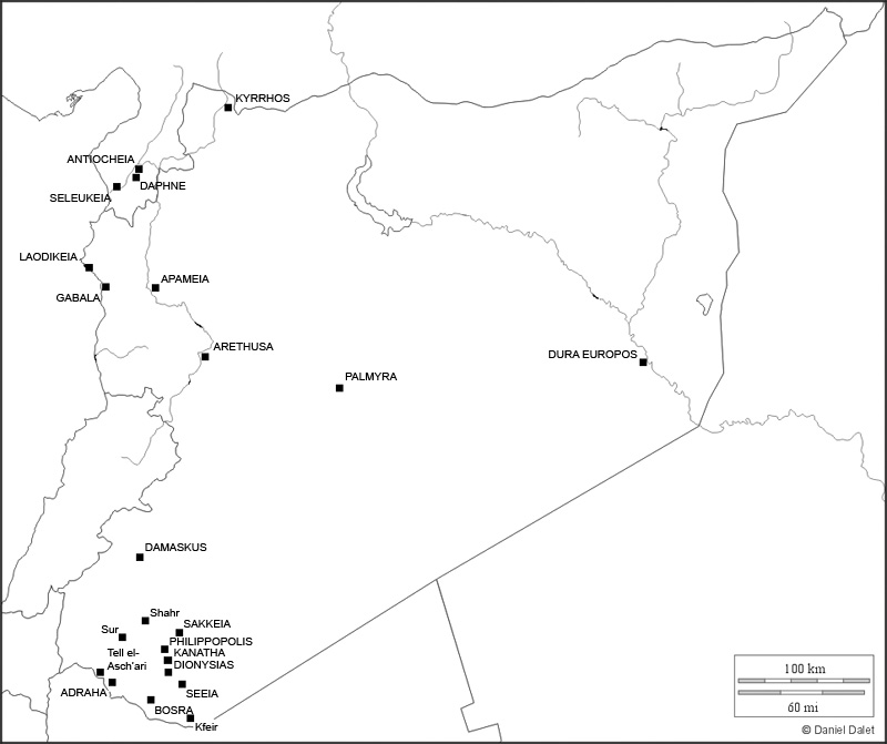 Syrien, Karte der antiken Theaterstätten (Karte D. Dalet, Bearbeitung R. Gogräfe)